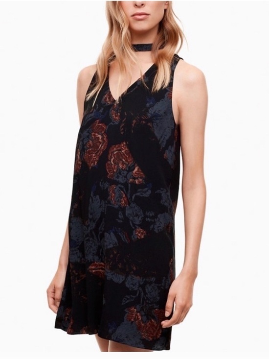 Wilfred Dresses & Skirts - Aritzia Wilfred Black Dress with Navy and Rust Floral Accents
